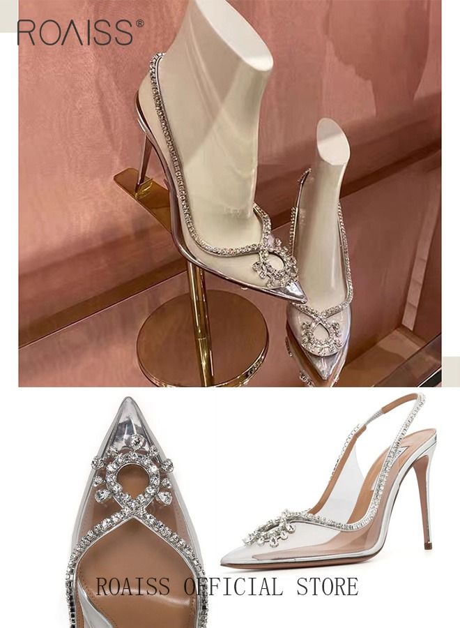 Women Rhinestone Decor Slingbacks PVC Stiletto Heeled Glamorous Pumps Fashion Crystal High Heels Slip On Slingback Pointed Closed Toe Transparent PVC Dress Wedding Sandals Summer Shoes