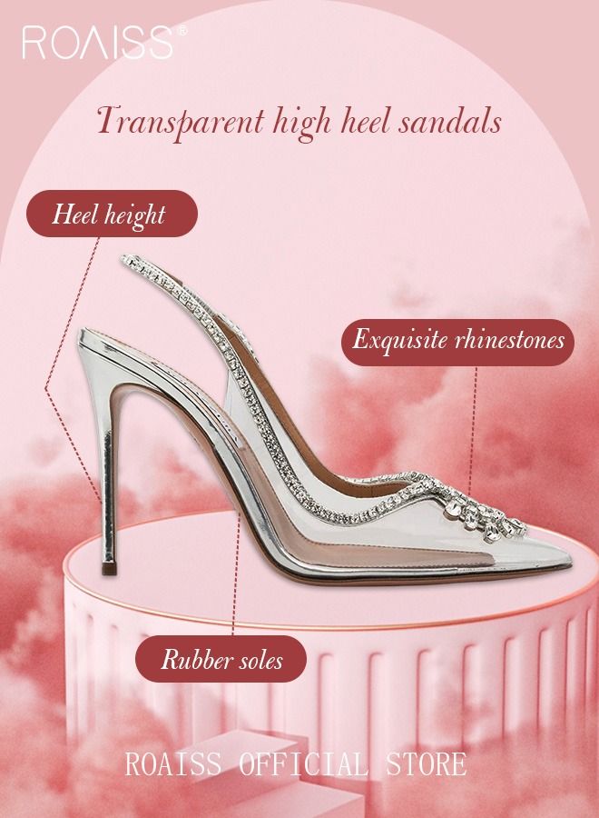 Women Rhinestone Decor Slingbacks PVC Stiletto Heeled Glamorous Pumps Fashion Crystal High Heels Slip On Slingback Pointed Closed Toe Transparent PVC Dress Wedding Sandals Summer Shoes