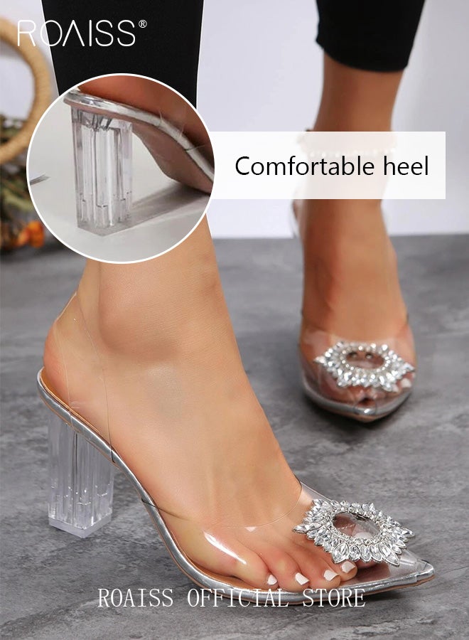 Women's Transparent Rhinestone High Heels Women's Pointed Toe High Heel Sandals Women's Thick Heel High Heels