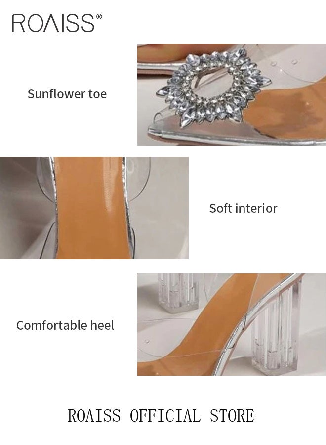 Women's Transparent Rhinestone High Heels Women's Pointed Toe High Heel Sandals Women's Thick Heel High Heels