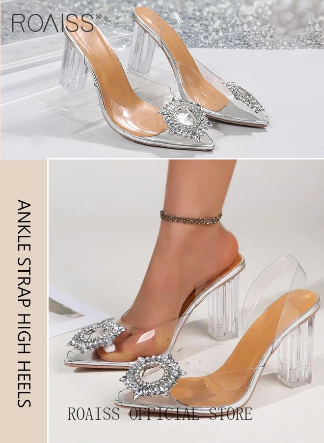 Women's Transparent Rhinestone High Heels Women's Pointed Toe High Heel Sandals Women's Thick Heel High Heels