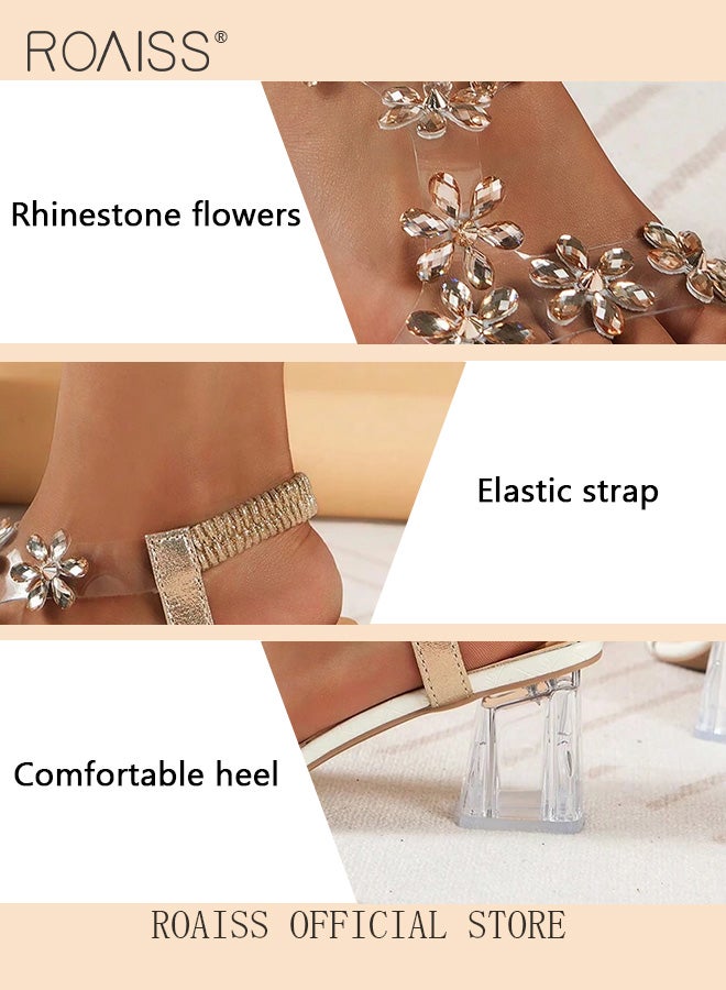 Women's Transparent Rhinestone Flower High Heels Women's Square Toe High Heel Sandals Women's Block Heel High Heels