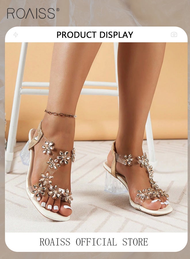 Women's Transparent Rhinestone Flower High Heels Women's Square Toe High Heel Sandals Women's Block Heel High Heels