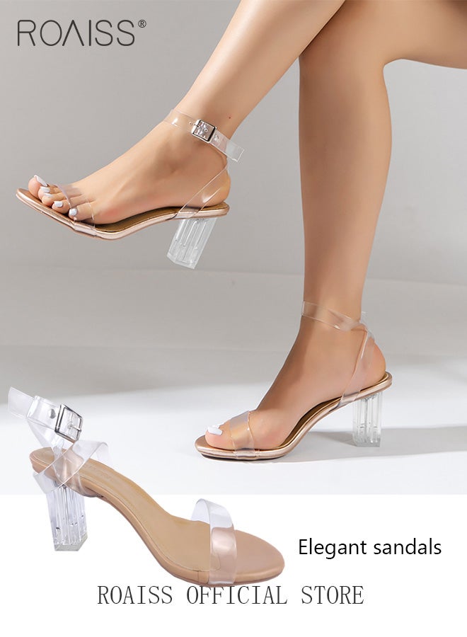 Women Transparent Strappy High Heels Women Thick Heel Sandals Women Buckle High Heels