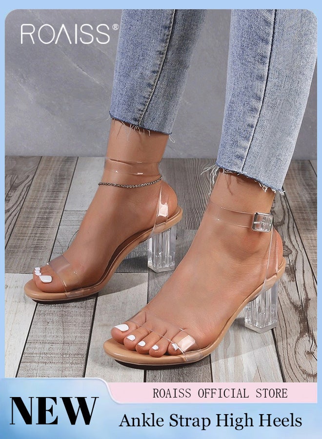 Women Transparent Strappy High Heels Women Thick Heel Sandals Women Buckle High Heels