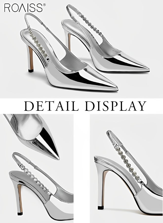 Women's Fashionable Patent Leather Pointed Thin High Heels Leaky Heel Design Versatile Rhinestone Decorative Sandals Baotou Closed Toes Banquet Dress Wedding Sandals