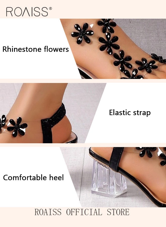 Women's Transparent Rhinestone Flower High Heels Women's Square Toe High Heel Sandals Women's Block Heel High Heels