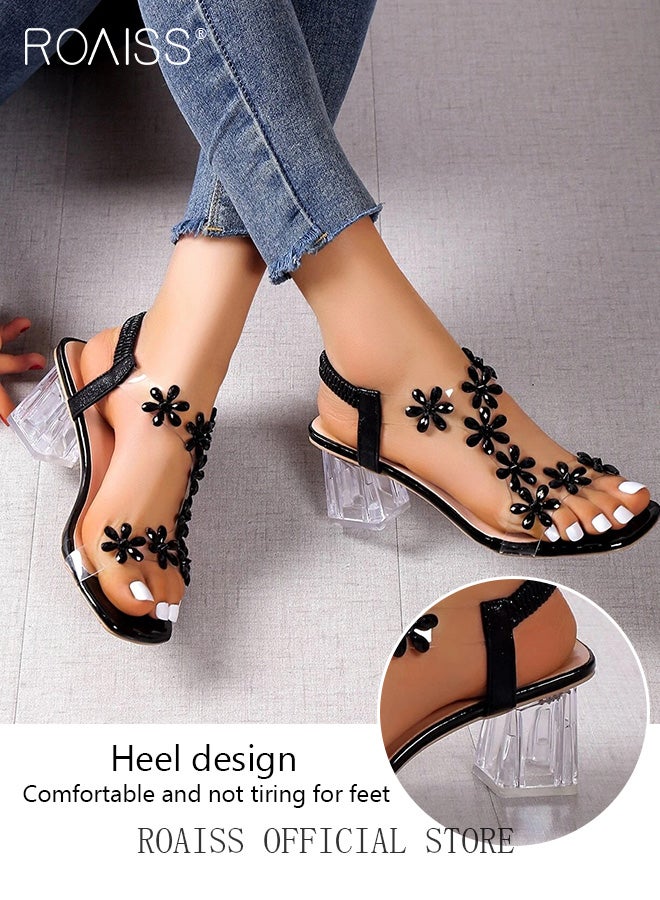 Women's Transparent Rhinestone Flower High Heels Women's Square Toe High Heel Sandals Women's Block Heel High Heels