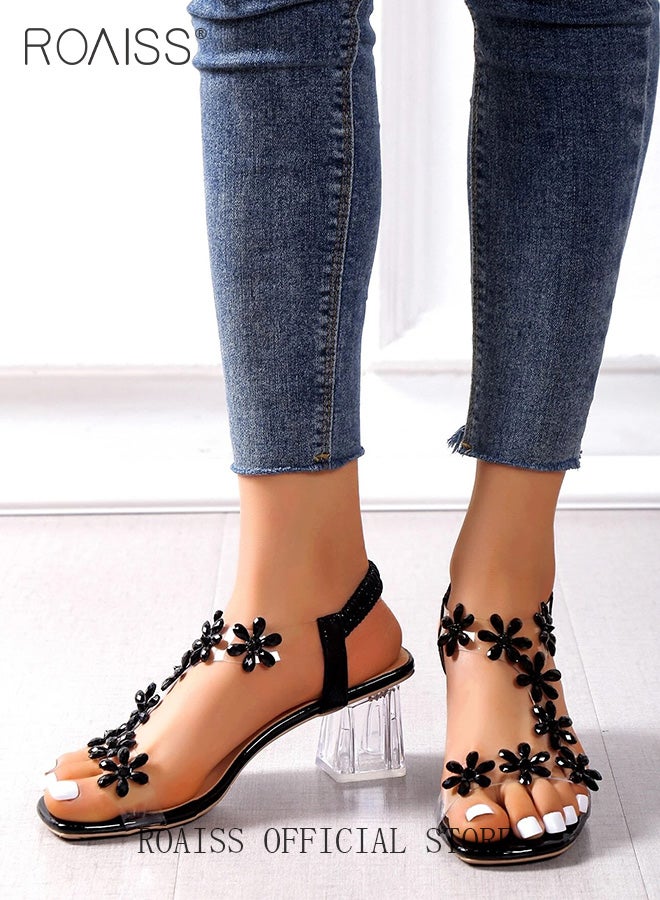 Women's Transparent Rhinestone Flower High Heels Women's Square Toe High Heel Sandals Women's Block Heel High Heels