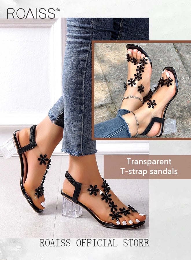 Women's Transparent Rhinestone Flower High Heels Women's Square Toe High Heel Sandals Women's Block Heel High Heels