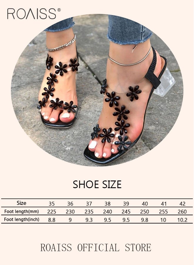 Women's Transparent Rhinestone Flower High Heels Women's Square Toe High Heel Sandals Women's Block Heel High Heels