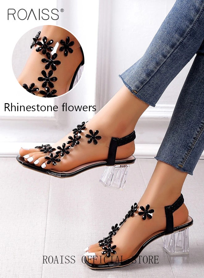 Women's Transparent Rhinestone Flower High Heels Women's Square Toe High Heel Sandals Women's Block Heel High Heels