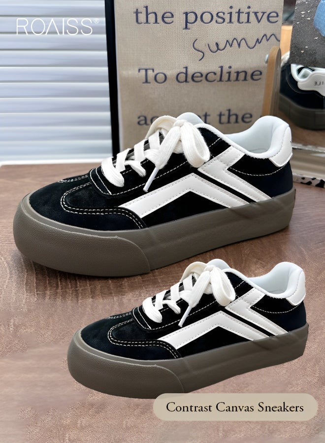 Women's Matte Pu Leather Patchwork Casual Shoes Lace Up Design Anti Slip Thick Sole Flat Sole Sneakers Fashion Versatile Canvas Shoes