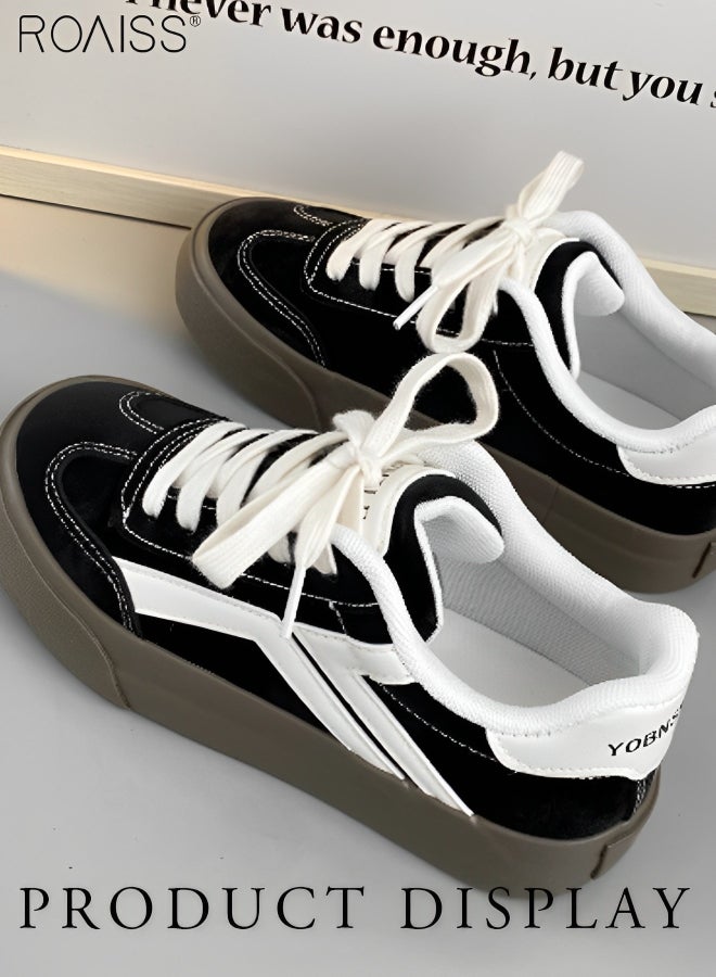Women's Matte Pu Leather Patchwork Casual Shoes Lace Up Design Anti Slip Thick Sole Flat Sole Sneakers Fashion Versatile Canvas Shoes
