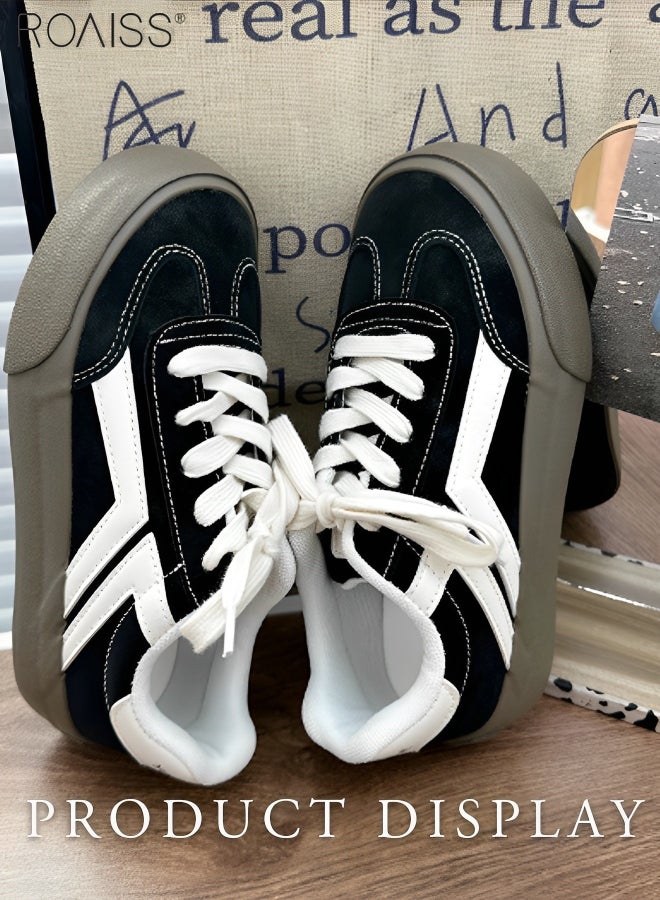 Women's Matte Pu Leather Patchwork Casual Shoes Lace Up Design Anti Slip Thick Sole Flat Sole Sneakers Fashion Versatile Canvas Shoes