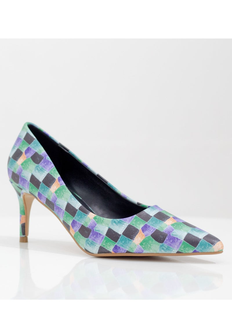 Banu 7cm heel multi colored pointy court blue