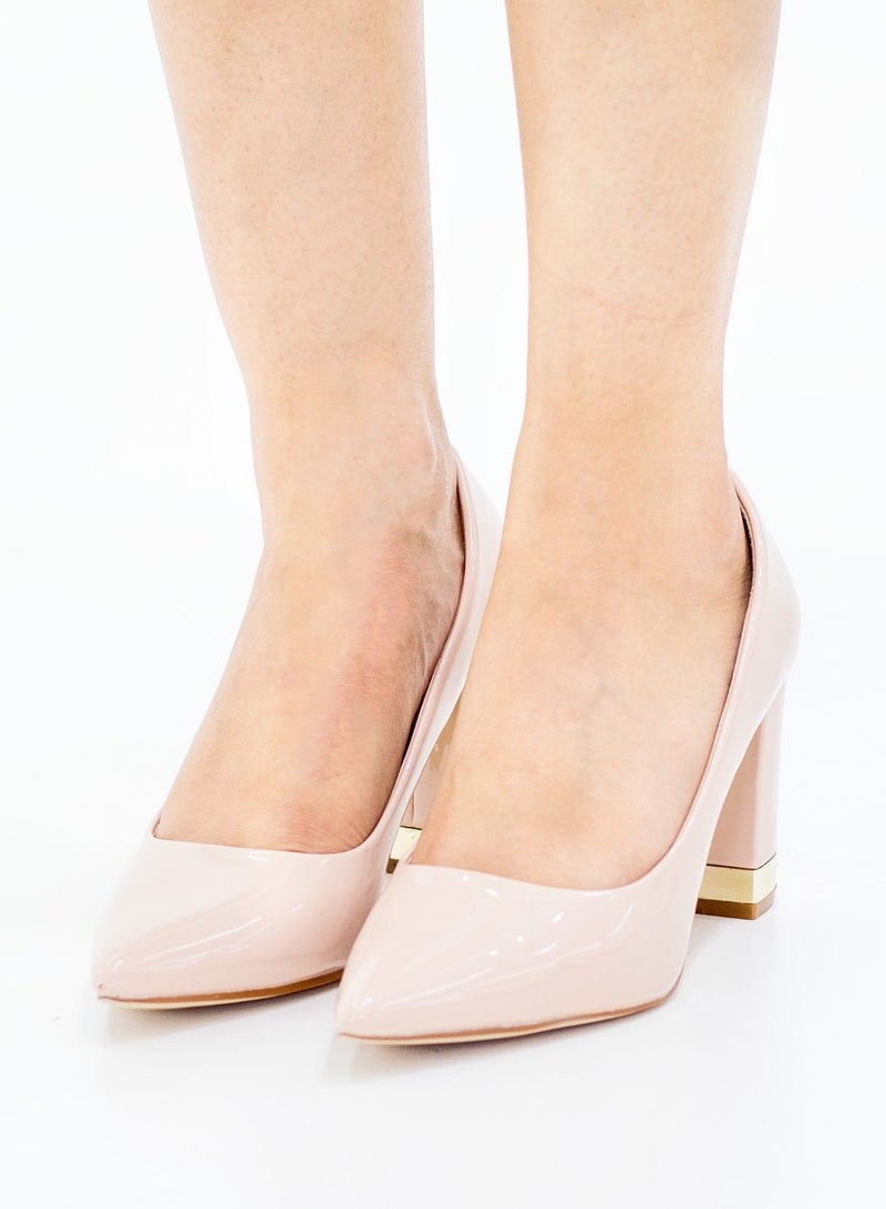 Himani pat court shoe on 8.5cm block gold trim heel nude