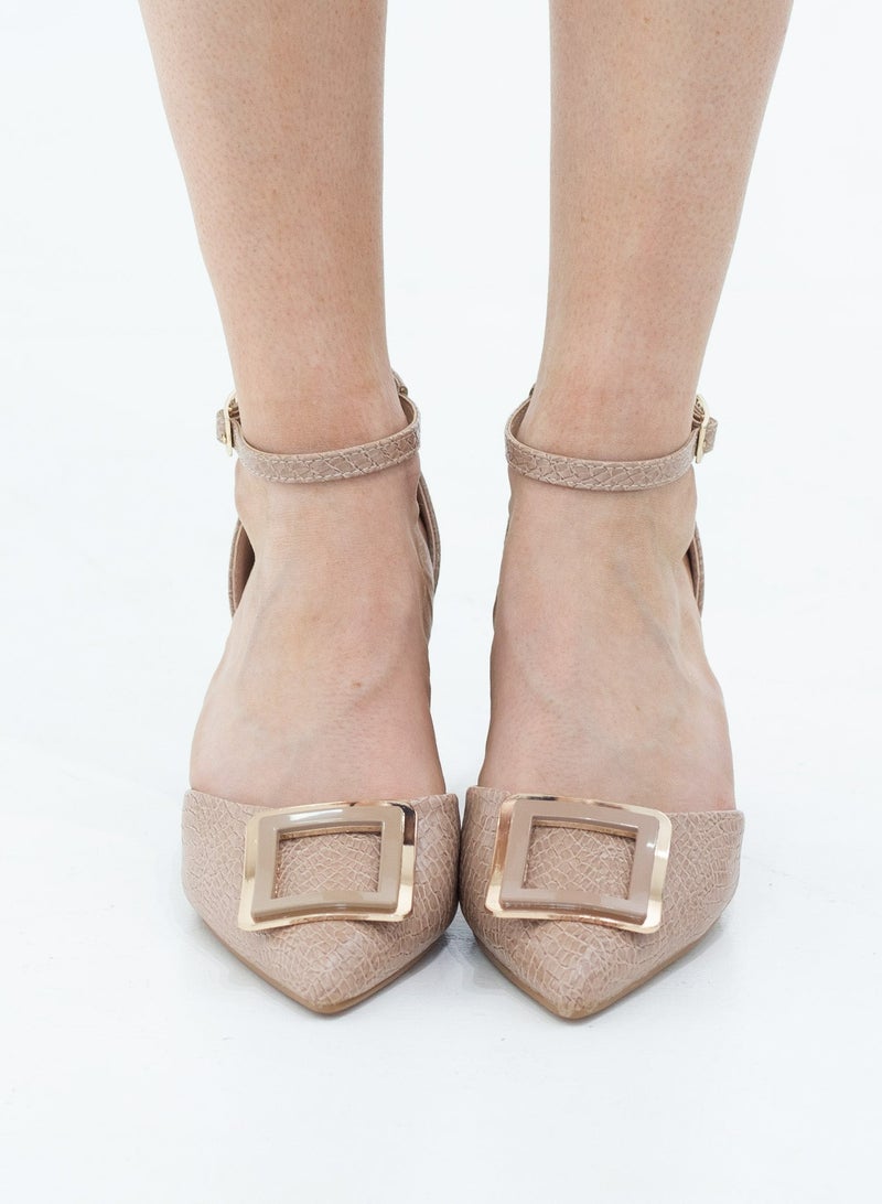 Chakrika snake skin open waist pointy with sqr trim on 8cm heel beige