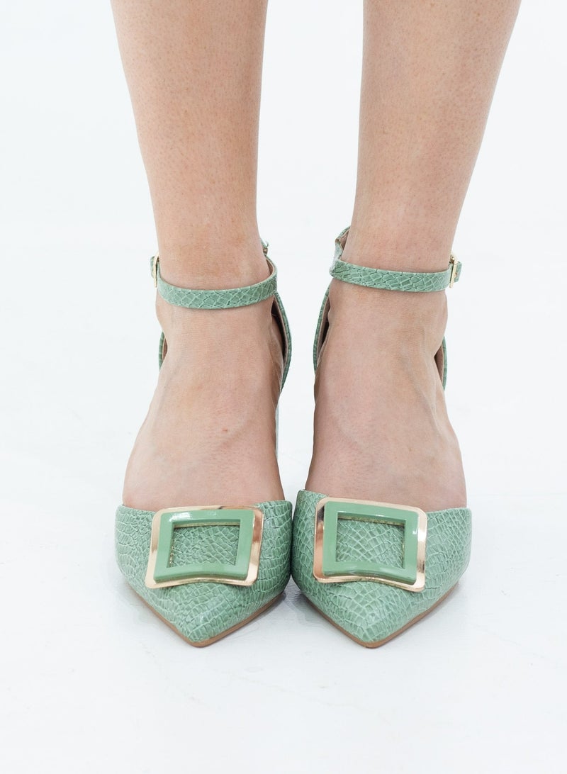Chakrika snake skin open waist pointy with sqr trim on 8cm heel avo