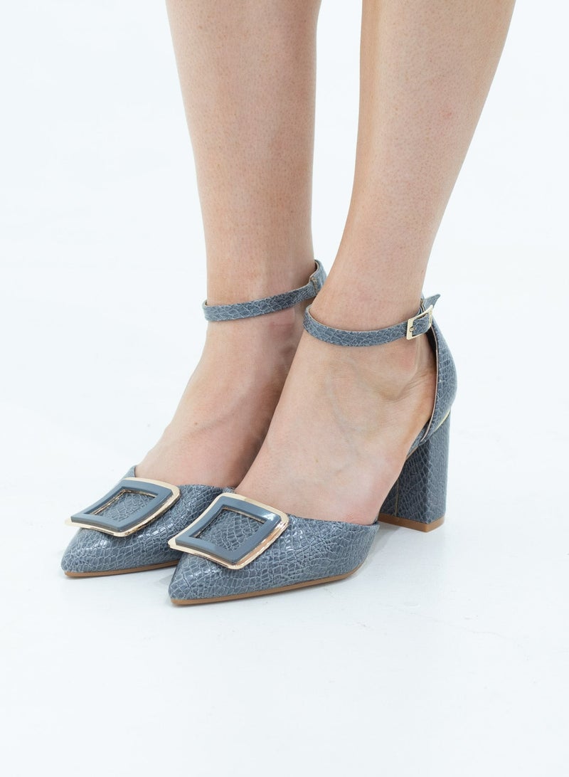 Chakrika snake skin open waist pointy with sqr trim on 8cm heel blue