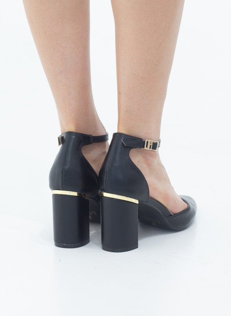 Chandri open waist pointy on 8cm block heel PU black