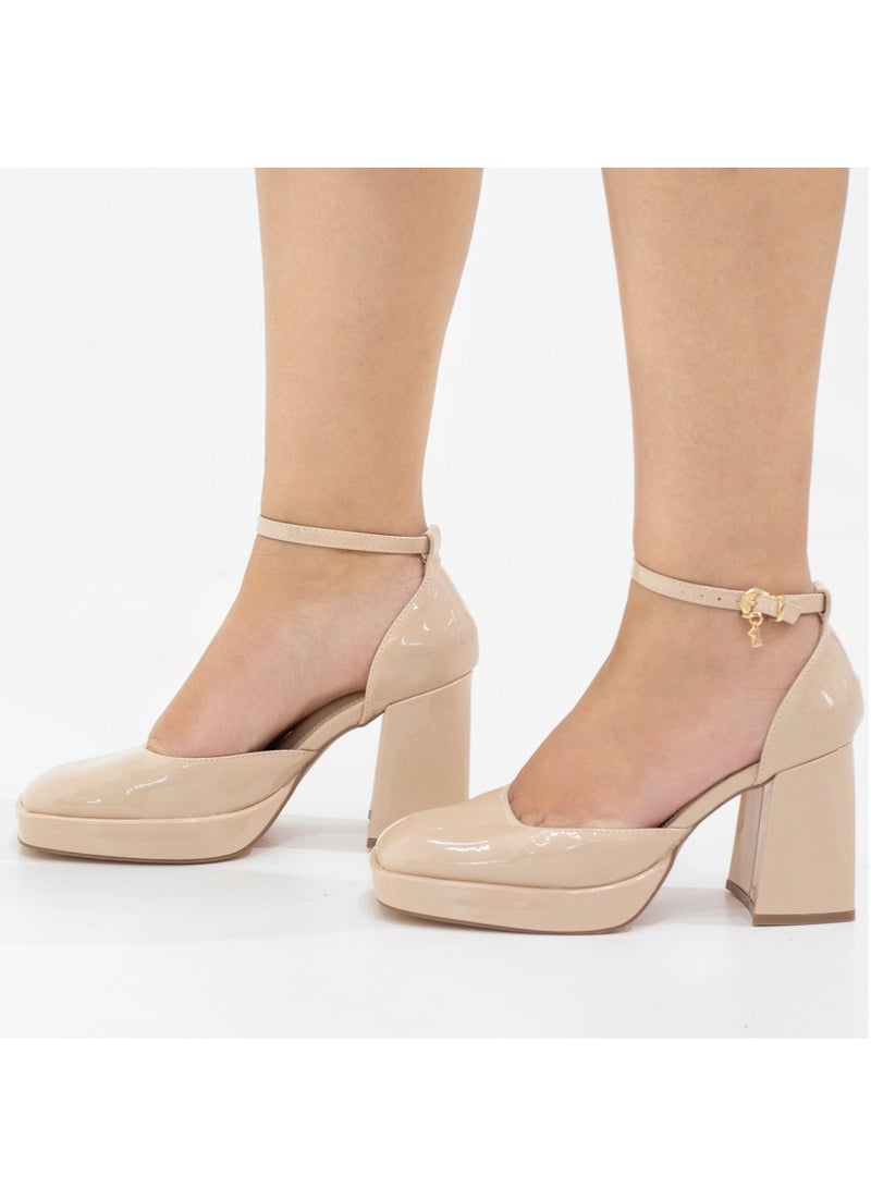 Eshana open waist pat on 9cm platform heel nude