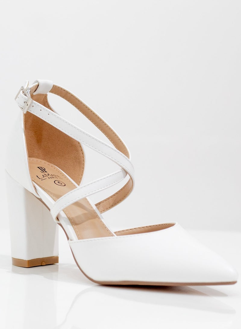 Femi cross-belts open wais 8.5cm block heel white