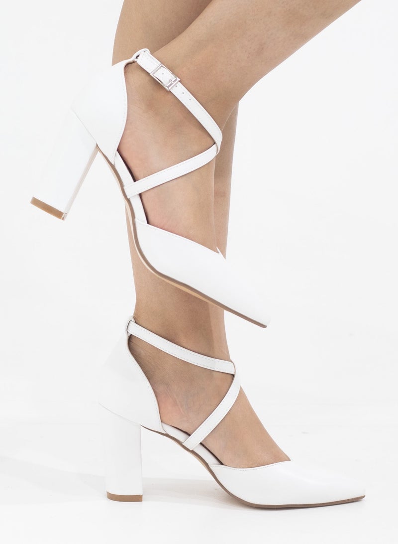 Femi cross-belts open wais 8.5cm block heel white