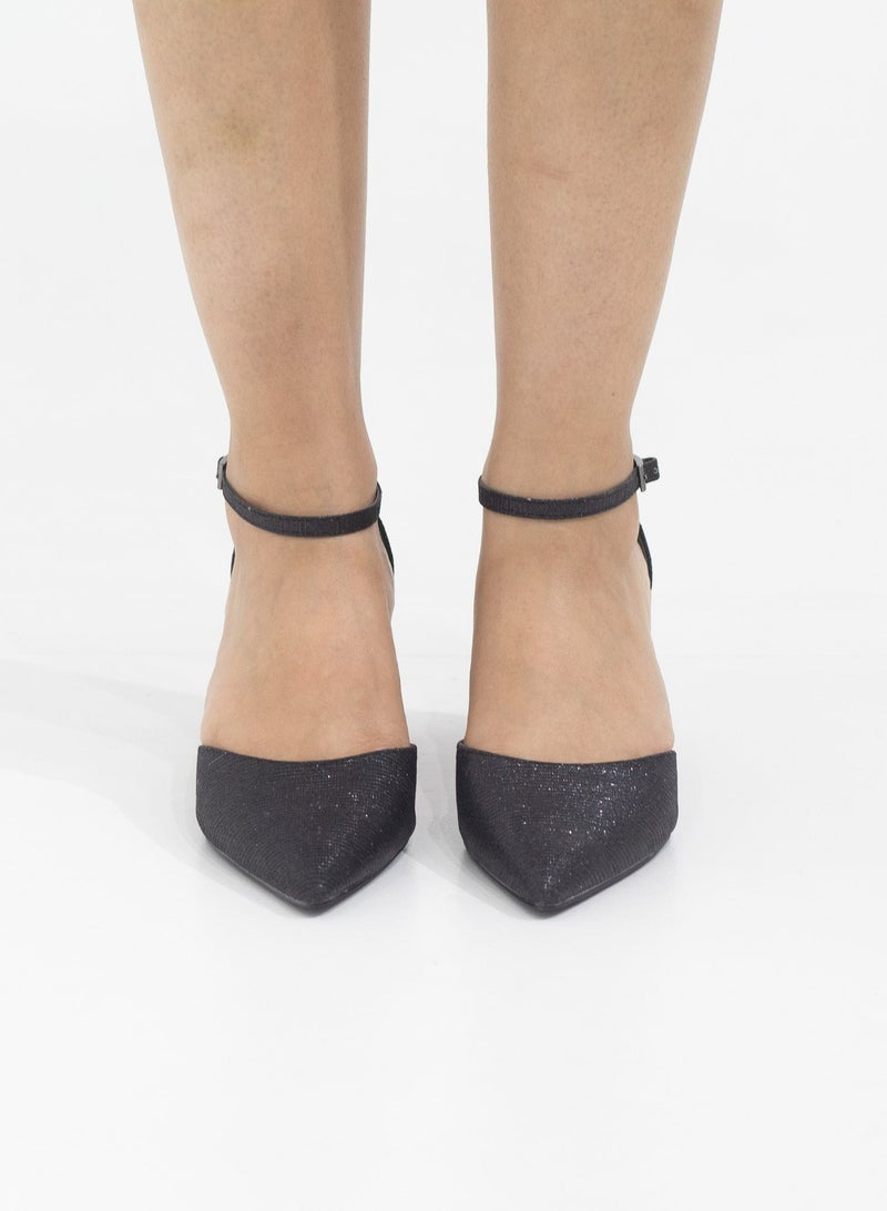 Mibala 6cm heel open waist ankle shimmer strap pointy black
