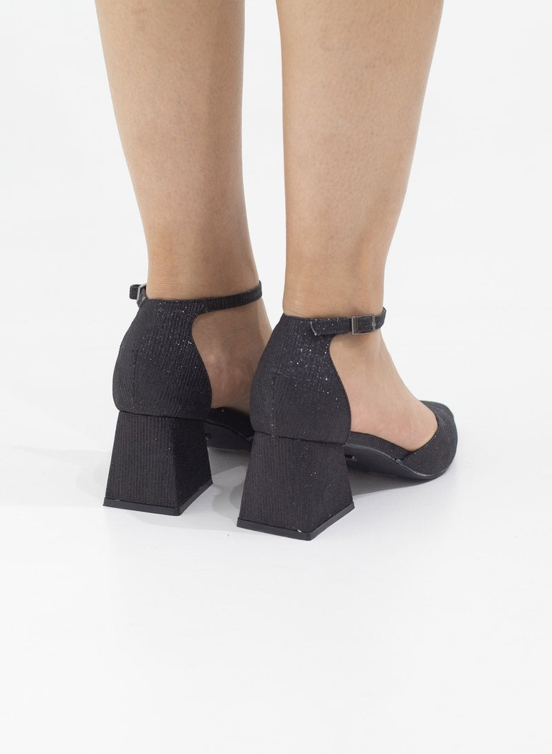 Mibala 6cm heel open waist ankle shimmer strap pointy black