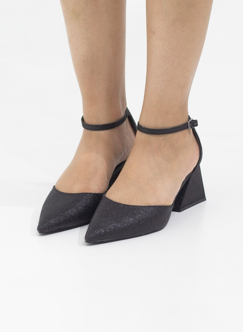 Mibala 6cm heel open waist ankle shimmer strap pointy black