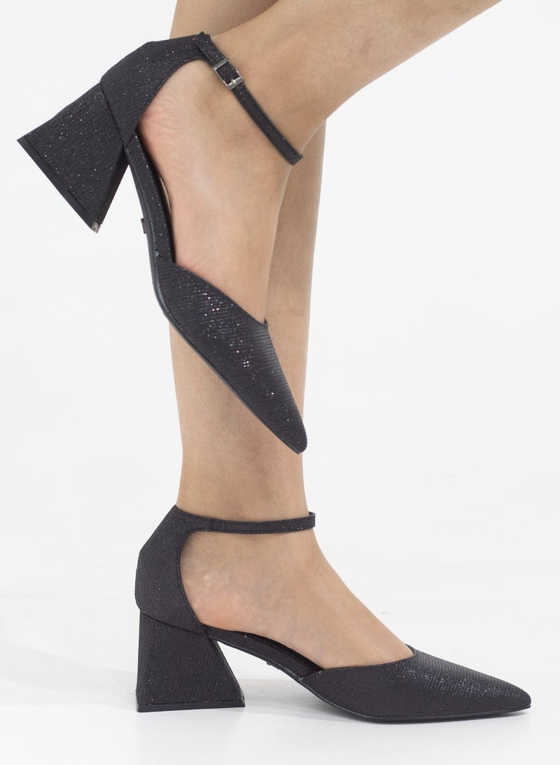 Mibala 6cm heel open waist ankle shimmer strap pointy black