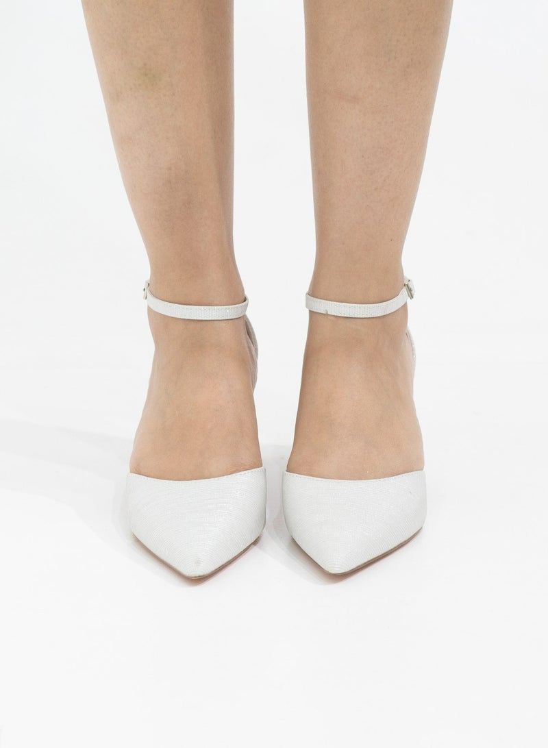 Mibala 6cm heel open waist ankle shimmer strap pointy white