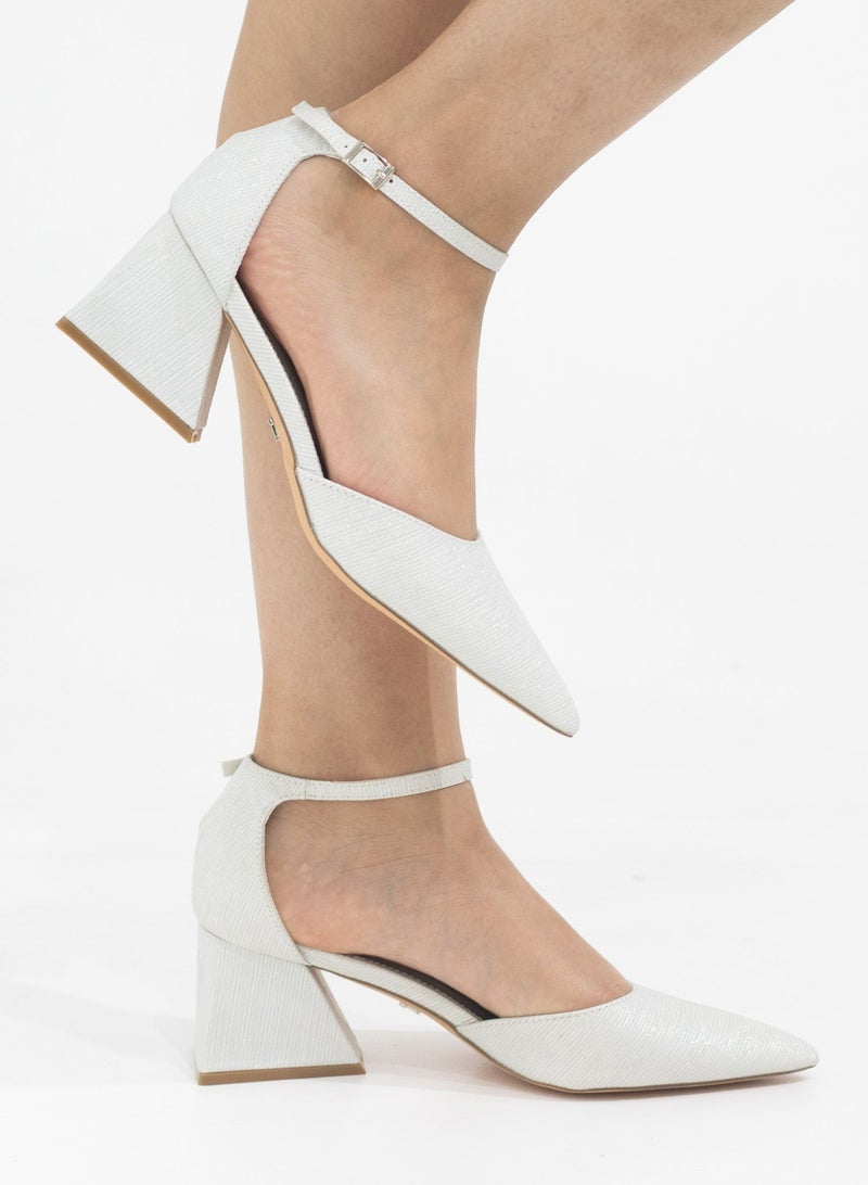 Mibala 6cm heel open waist ankle shimmer strap pointy white