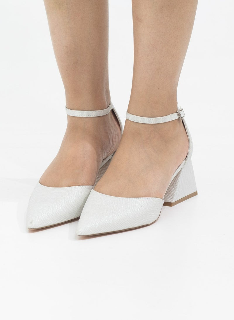 Mibala 6cm heel open waist ankle shimmer strap pointy white