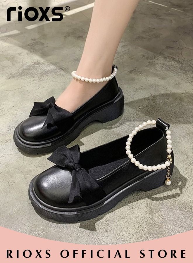 Women's Mid Block Heel Pumps Flat Mary Jane Shoes with Bow Pearl Strap Princess Wedding Party Dress Shoes