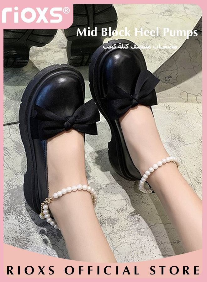 Women's Mid Block Heel Pumps Flat Mary Jane Shoes with Bow Pearl Strap Princess Wedding Party Dress Shoes