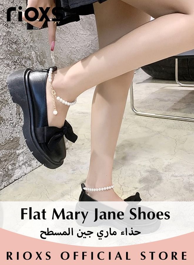 Women's Mid Block Heel Pumps Flat Mary Jane Shoes with Bow Pearl Strap Princess Wedding Party Dress Shoes