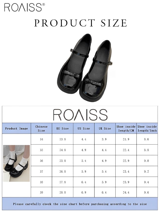 Women's Retro Patent Leather Round Toe Mary Jane Thick Heels British Style One Line Buckle Bow Decorative Leather Shoes Non Slip Closed Toe Single Shoes