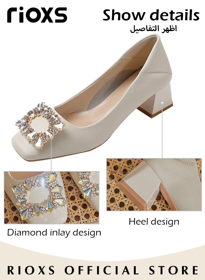 Low Heel Court Shoes with Squared-off Toe, Shiny Rhinestone Chunky Heel Shoes, Classic Versatile Closed-toe Chunky Heel Shoes with Non-slip Rubber Outsole and Soft Insole, Perfect for Elevating Your Status at Work, Parties, Interviews, Weddings and More