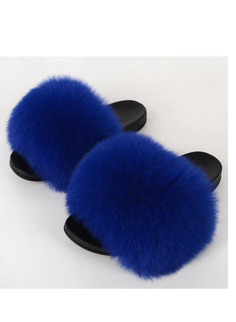 Stylish Women Faux Fur Open Toe Flat Slippers Sandals Non Slip Homewear Shoes