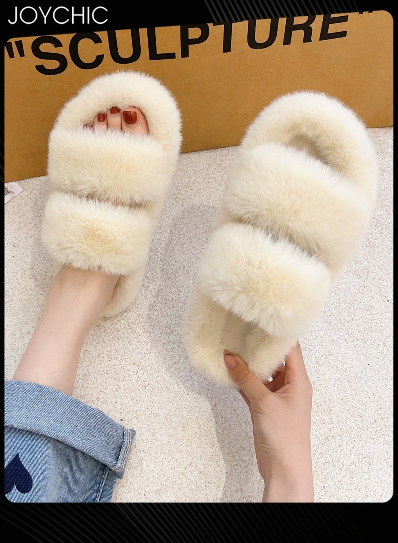 Stylish Women Faux Fur Open Toe Flat Indoor Slippers Autumn and Winter Warm Household Bedroom Comsoft Slippers Beige