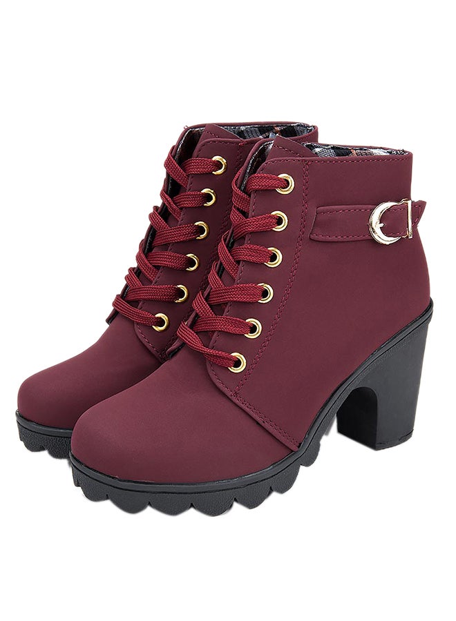 Block Heels Ankle Boots Maroon