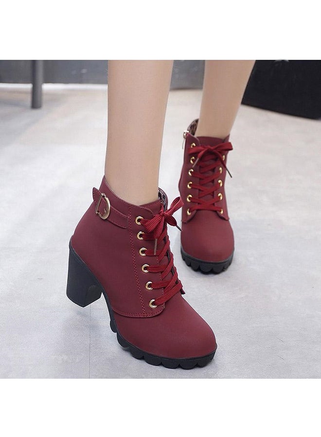 Block Heels Ankle Boots Maroon