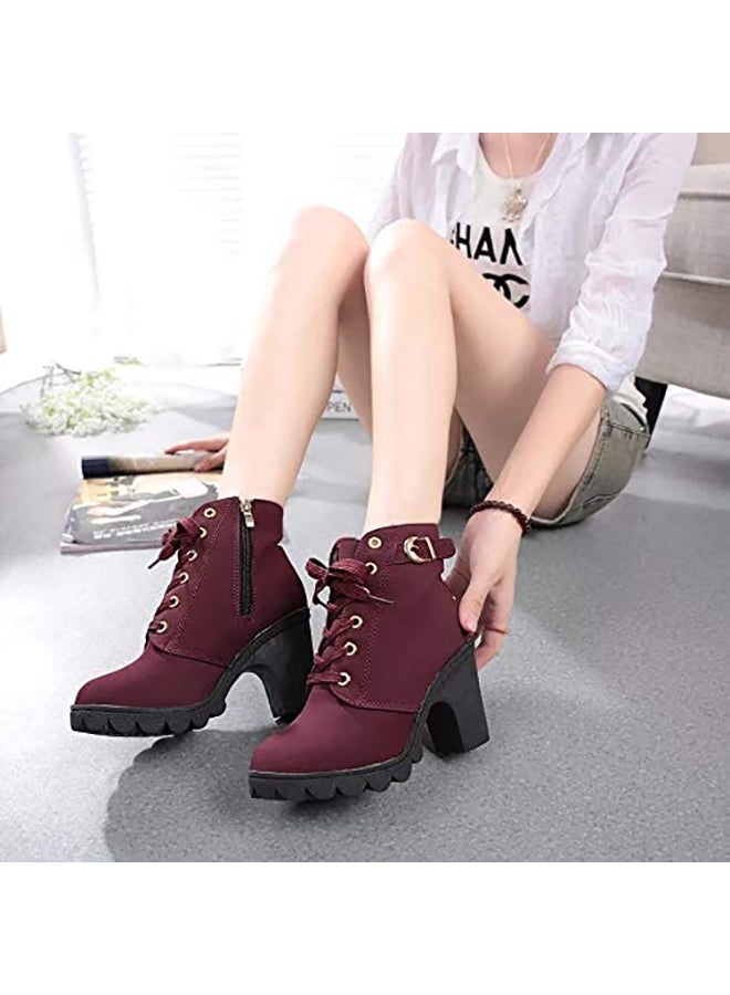 Block Heels Ankle Boots Maroon