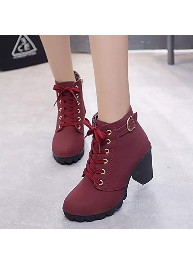 Block Heels Ankle Boots Maroon