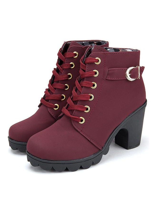 Textured Half Zipper Ankle Boots Maroon