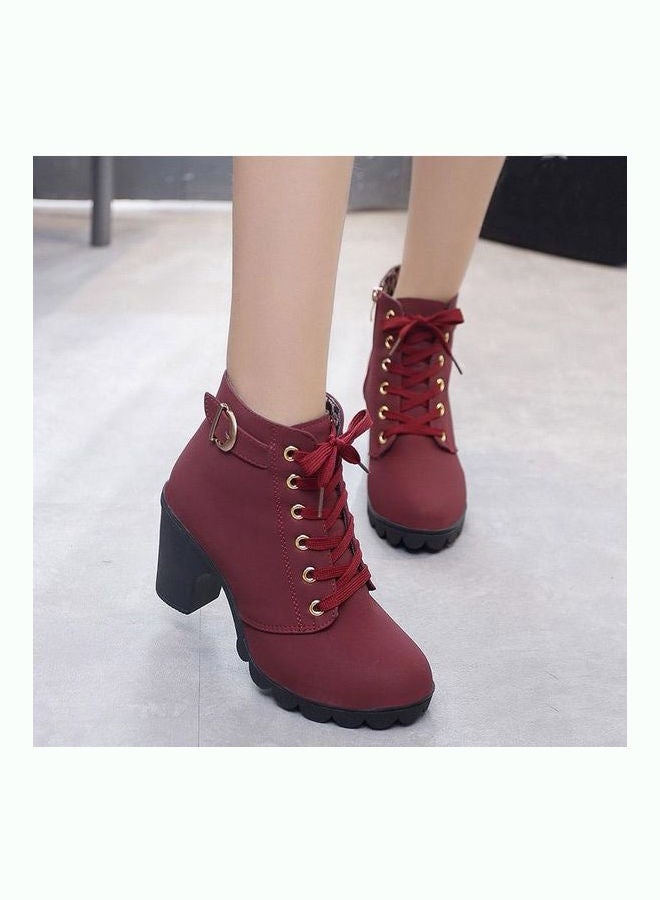 Textured Half Zipper Ankle Boots Maroon