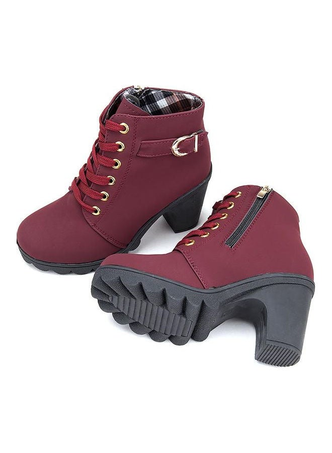 Textured Half Zipper Ankle Boots Maroon