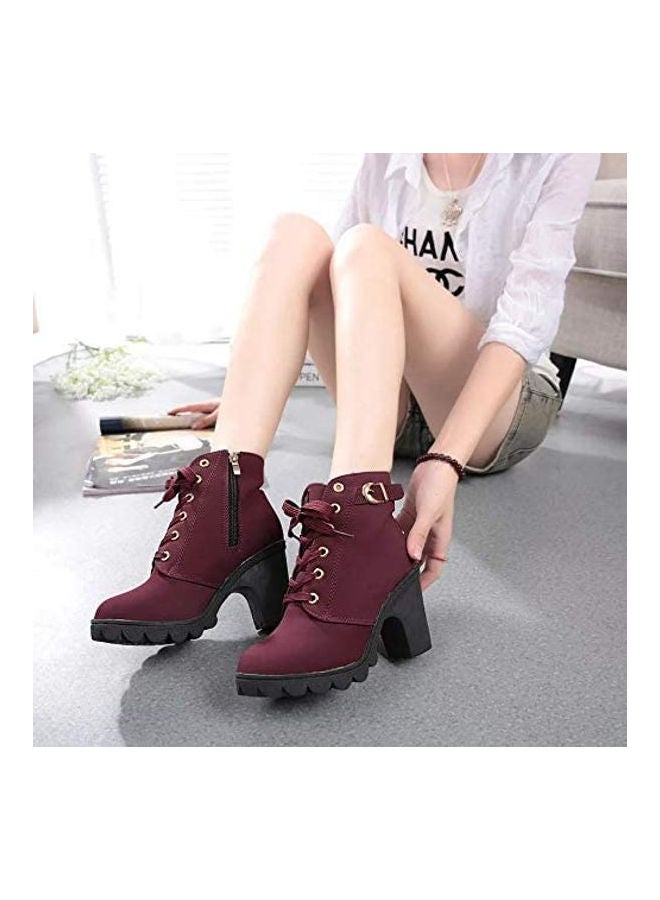 Textured Half Zipper Ankle Boots Maroon